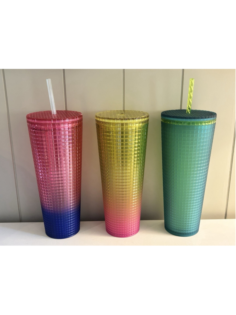 Lot (3) Starbucks Tumbler 24 oz Venti Iridescent Ombré Grid Vibrant Pink Green + - Picture 5 of 12